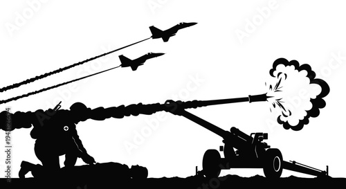 Silhouette of Soldier Firing Artillery with Fighter Jets Flying Overhead
