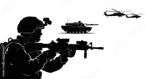 Silhouette of soldier with rifle, tank, and helicopters against white background