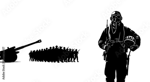 Silhouette of Soldier, Cannon, and Army Formation on White Background