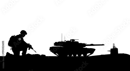 Silhouette of Soldier, Tank, and Submarine on Hilltop Against White Background