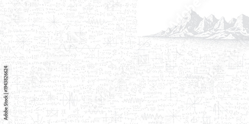 Montage of mathematical equations and graphs overlaid on a mountain landscape background with graphs with calculus with algebra with physics formulas with science