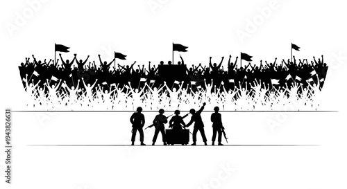 Silhouette of Soldiers and Crowd with Flags at Protest or Rally