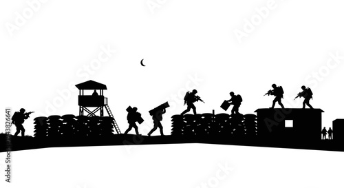 Silhouette of soldiers guarding a fortified outpost with sandbags and a watchtower under a crescent moon.