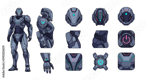 A futuristic robot stands with various body parts and control panels displayed around it.