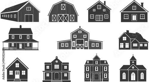 Farmhouse barn and residential house silhouettes collection, rural buildings and cottages vector illustration set isolated architecture icons