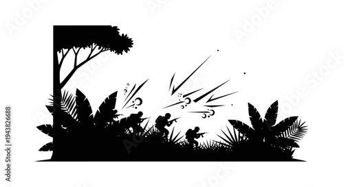 Silhouette of soldiers in jungle combat with explosions and gunfire