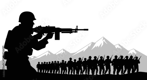 Silhouette of Soldiers Marching in Formation with Machine Gun and Mountains Background
