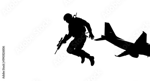 Silhouette Soldier Jumping From Airplane Mid-Air with Rifle