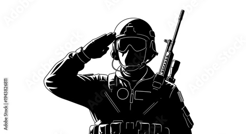 Silhouette Soldier Saluting with Rifle, Military Heroism and Patriotism