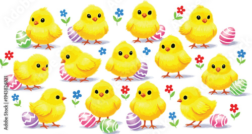 Soft pastel spring chicks and painted eggs artwork