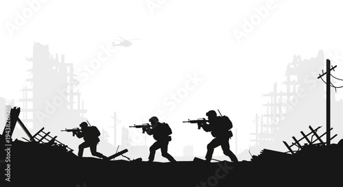 Silhouette Soldiers Advance Through War-Torn City Ruins with Helicopter Overhead