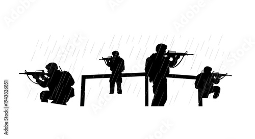 Silhouette Soldiers Aiming Rifles in Rain