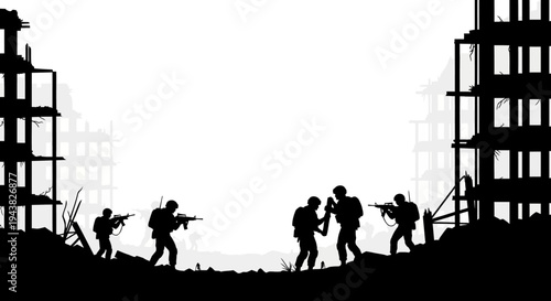 Silhouette soldiers in destroyed city ruins, war zone, conflict, tactical operation, urban combat