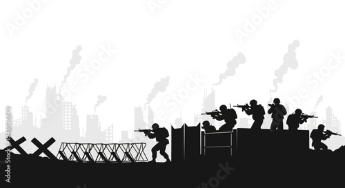 Silhouette soldiers in combat, urban warfare, military operation, city background