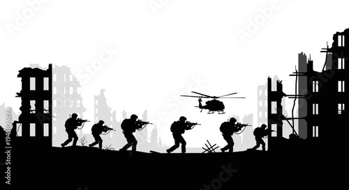 Silhouette Soldiers in War-Torn City with Helicopter Overhead