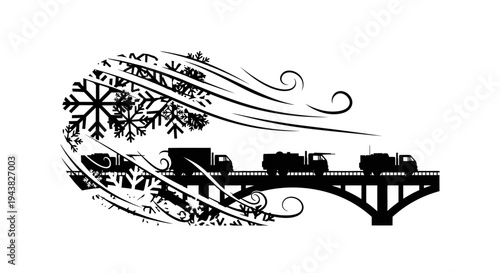 Snowy winter storm with trucks crossing a bridge, strong winds and snowflakes