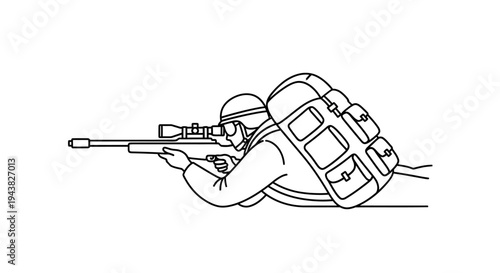 Sniper Soldier with Rifle and Backpack Lying Down, Aiming Target