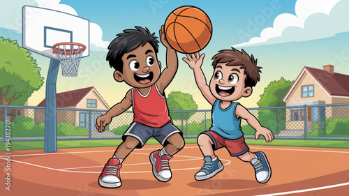 Two boys playing basketball on outdoor court with hoop and houses in background on sunny day