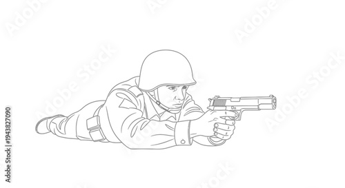 Soldier aiming handgun in prone position, military training, combat readiness, tactical gear