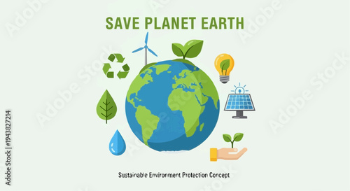 ecology concept with globe Save Planet Earth Sustainable Environment Protection Concept Flat Vector Illustration with Green Nature, Eco Friendly Future and Global Conservation