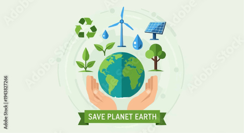 eco house concept Save Planet Earth Sustainable Environment Protection Concept Flat Vector Illustration with Green Nature, Eco Friendly Future and Global Conservation