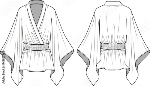 CAD drawing flat vector illustration, kimono top fashion sketch, front and back view, wide sleeve blouse, garments dress, garments cloth