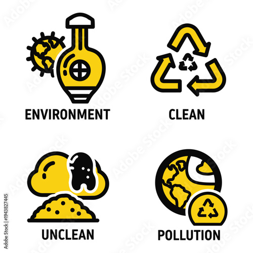 Vector art of four icons related to environment, clean, unclean, and pollution