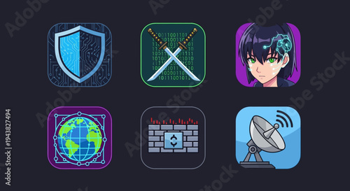 Digital icons depicting various technology and communication symbols are arranged.