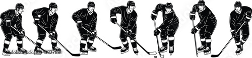 Ice hockey players action poses set, black and white vector illustration of athletes skating and playing puck isolated