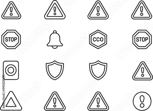 Security and warning sign icons collection including caution triangles stop signs shields and bell vector illustration