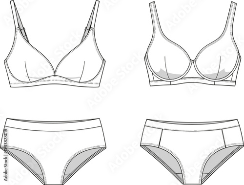 CAD drawing flat vector illustration, lingerie underwear set design, bra and panty technical sketch, garments dress, garments cloth, fashion template