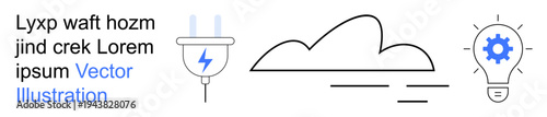 Renewable energy, technology, innovation, data storage, cloud computing, electricity. Minimalistic icons showing a plug, cloud and lightbulb with a gear inside. Renewable energy and technology