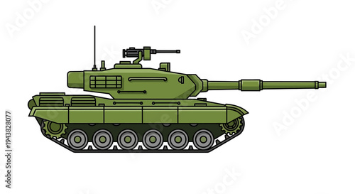 Green Military Tank Illustration with Cannon and Tracks