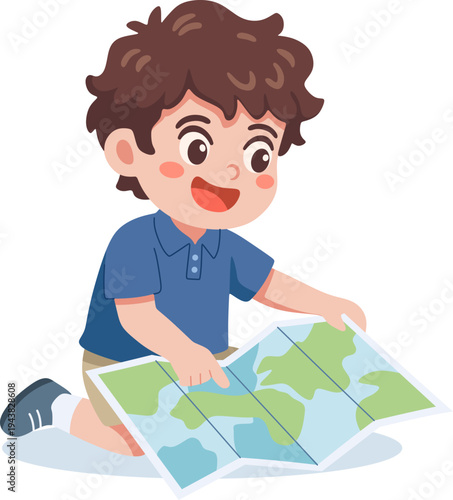 Kid Reading Map Adventure Illustration 