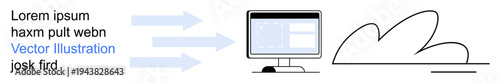 Cloud computing, data transfer, technology, digital storage, web services, IT systems. Arrows pointing to a computer monitor and cloud icon. Cloud computing and data transfer concept