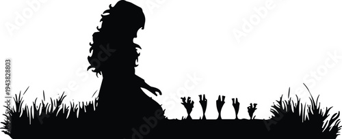 Girl silhouette sitting in grassy meadow with flowers, peaceful nature landscape scene, female figure in garden field illustration, calm spring outdoor vector design