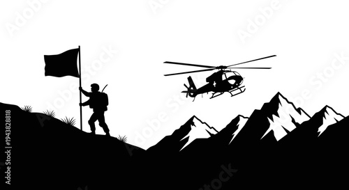 Silhouette Soldier Planting Flag on Mountain Peak with Helicopter Arriving