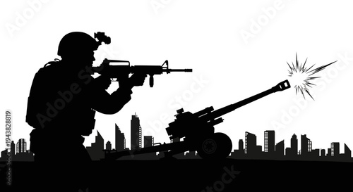 Silhouette Soldier Firing Artillery Gun Against City Skyline