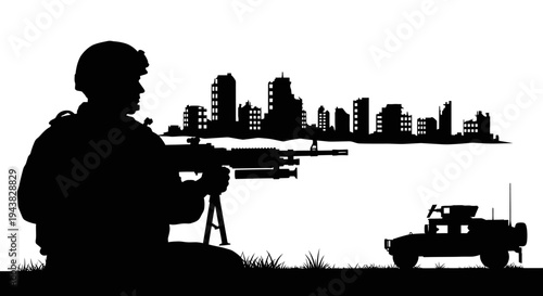 Silhouette Soldier Aiming Rifle in Ruined Cityscape with Military Vehicle