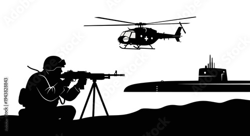 Silhouette Soldier with Machine Gun, Helicopter, and Submarine on White Background