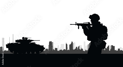 Silhouette Soldier with Rifle and Tank in Urban Combat Zone