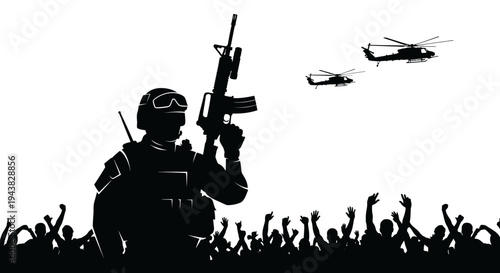 Silhouette Soldier with Rifle and Helicopters Over Crowd