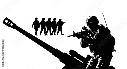 Silhouette Soldiers Aim Rifles Near Artillery Gun, Military Combat Concept
