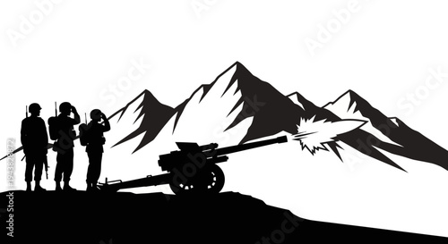Silhouette soldiers firing artillery gun on mountain background, military concept