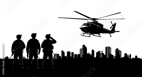 Silhouette Soldiers and Helicopter Over City Skyline at Dusk