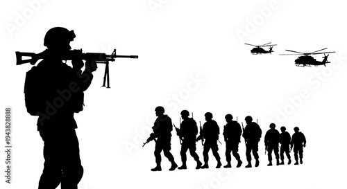 Silhouette soldiers with machine gun and helicopters, military operation concept