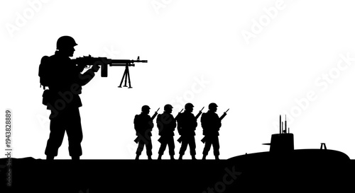 Silhouette soldiers with machine gun guarding submarine on white background