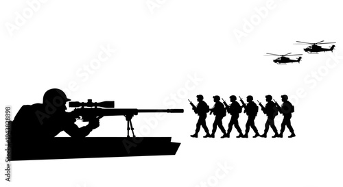 Sniper Aiming at Marching Soldiers and Helicopters in Sky Silhouette
