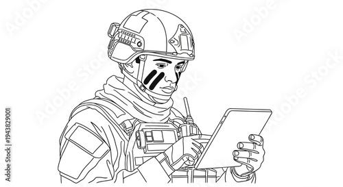 Soldier using tablet computer with face paint, tactical gear, and helmet