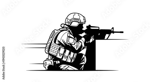 Soldier aiming rifle, tactical gear, military operation, action silhouette